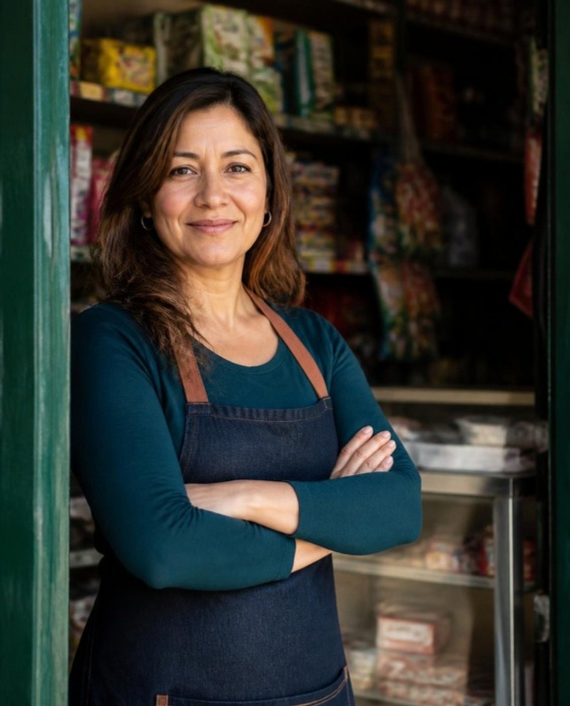 Dueña de un negocio en la puerta de su local